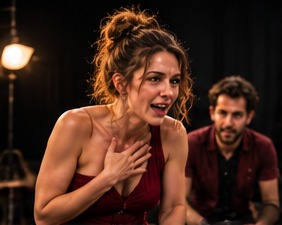 Emotionale Szene zwischen zwei Spielenden auf der Probebühne