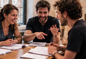 Szenenbesprechung am Tisch mit Textblättern