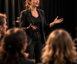 Präsentation vor einer Gruppe auf der Probebühne
