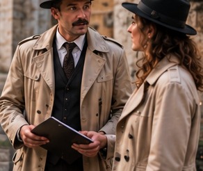 Krimi-Rollenspiel mit Trenchcoat und Hut