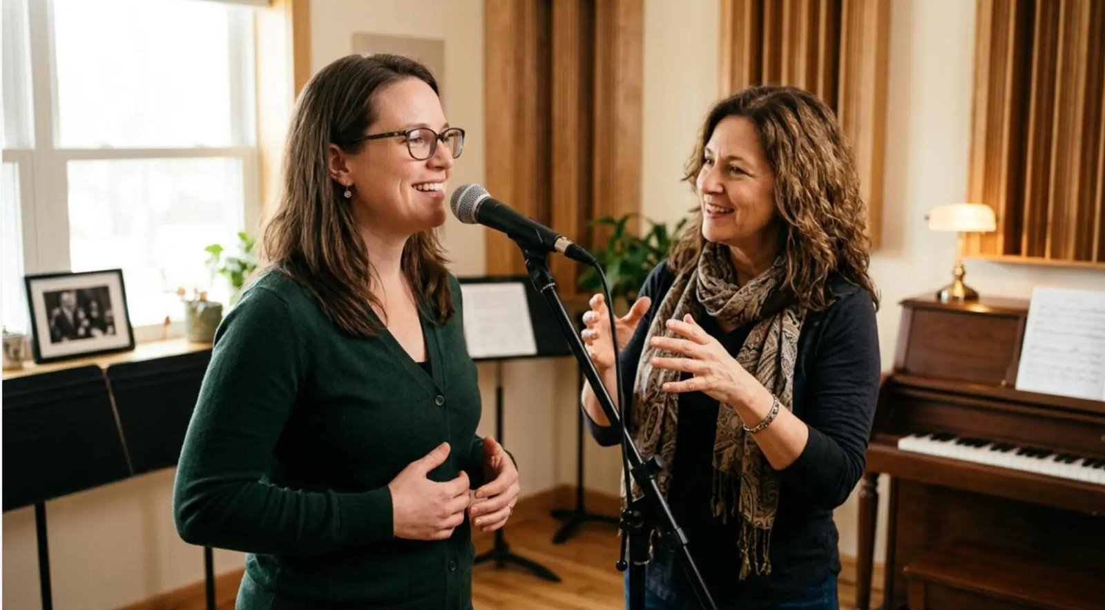 Gesangsunterricht am Mikrofon in einem hellen Musikzimmer