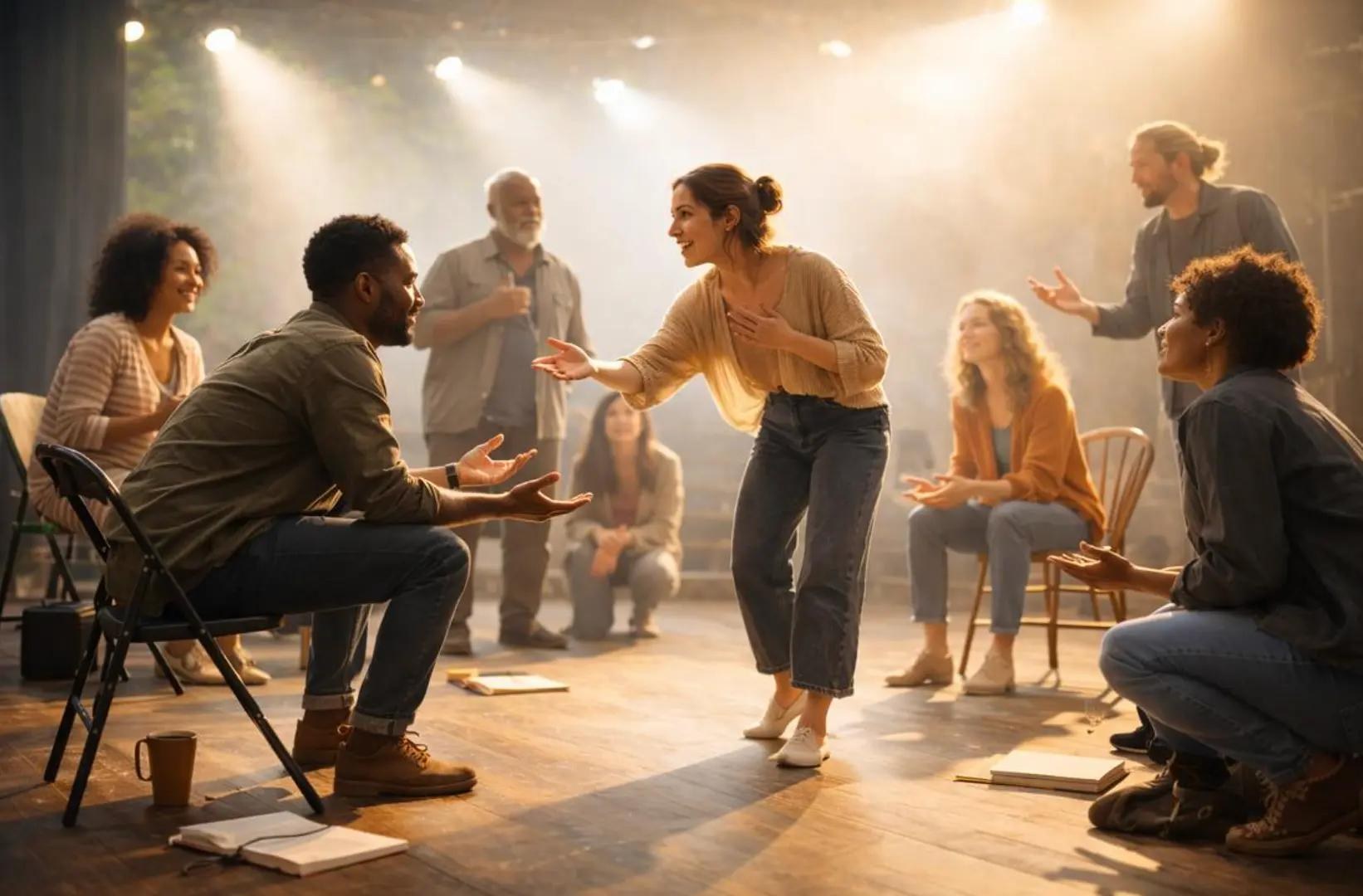 Schauspielgruppe probt gemeinsam im warmen Scheinwerferlicht